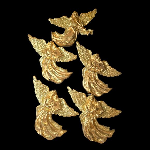 Set Of 5 Gold Angel Ornaments Large Vintage Holiday Hanging Decorations Glitter - Picture 1 of 8